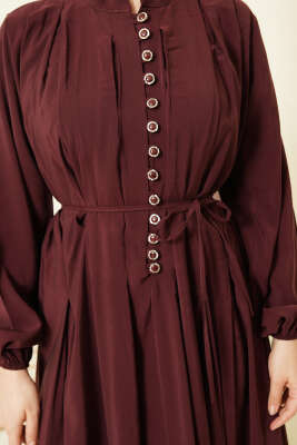 Önü Pileli Düğmeli Modal Elbise Bordo - Elbise