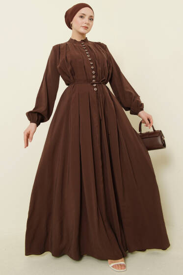 Önü Pileli Düğmeli Modal Elbise Kahve - Elbise
