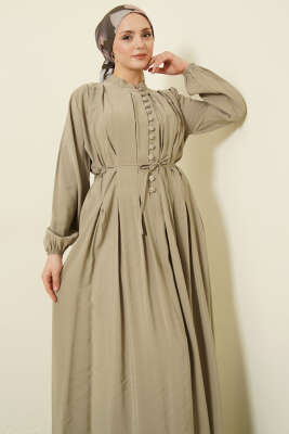 Önü Pileli Düğmeli Modal Elbise Nefti - Elbise