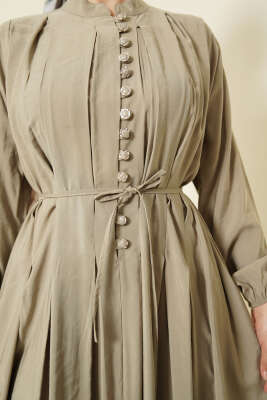 Önü Pileli Düğmeli Modal Elbise Nefti - Elbise