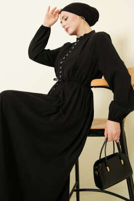 Önü Pileli Düğmeli Modal Elbise Siyah - MODA NORVELLA