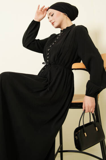 Önü Pileli Düğmeli Modal Elbise Siyah - Elbise