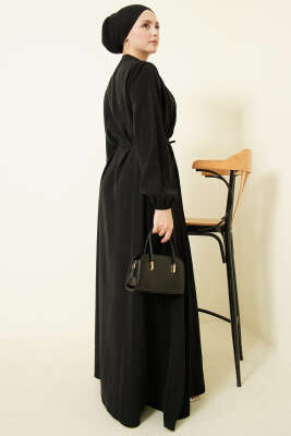 Önü Pileli Düğmeli Modal Elbise Siyah - Elbise