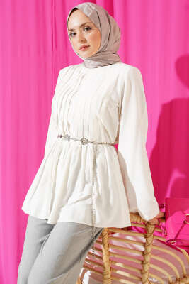 Önü Pileli İp Kuşaklı Tunik Beyaz - VAV TEKSTİL