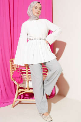 Önü Pileli İp Kuşaklı Tunik Beyaz - Tunik