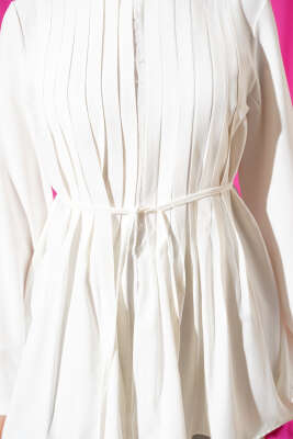 Önü Pileli İp Kuşaklı Tunik Beyaz - Tunik