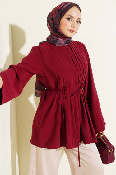 Önü Pileli İp Kuşaklı Tunik Bordo - Tunik