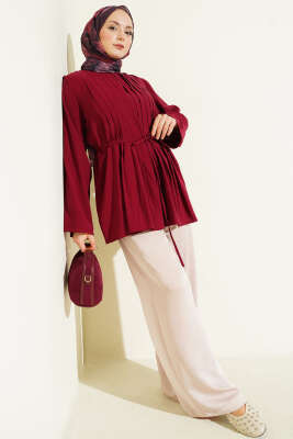 Önü Pileli İp Kuşaklı Tunik Bordo - Tunik