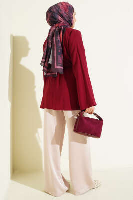 Önü Pileli İp Kuşaklı Tunik Bordo - Tunik