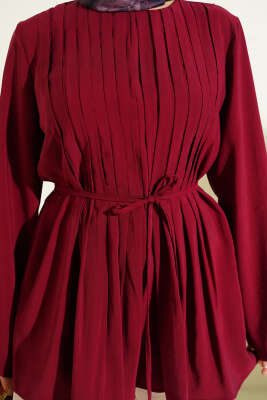Önü Pileli İp Kuşaklı Tunik Bordo - Tunik