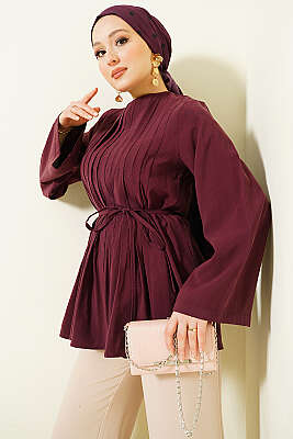 Önü Pileli İp Kuşaklı Tunik Bordo - VAV TEKSTİL