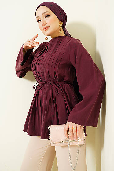 Önü Pileli İp Kuşaklı Tunik Bordo - Tunik