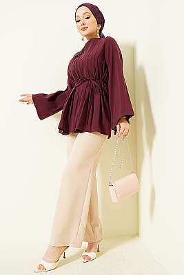 Önü Pileli İp Kuşaklı Tunik Bordo - Tunik