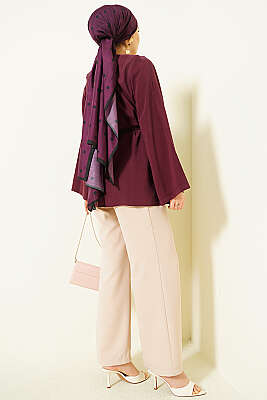 Önü Pileli İp Kuşaklı Tunik Bordo - Tunik