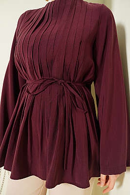 Önü Pileli İp Kuşaklı Tunik Bordo - Tunik