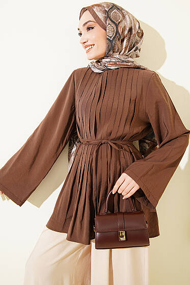 Önü Pileli İp Kuşaklı Tunik Kahve - Tunik
