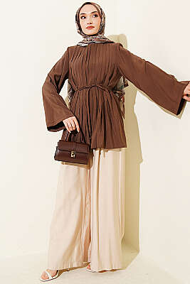 Önü Pileli İp Kuşaklı Tunik Kahve - Tunik