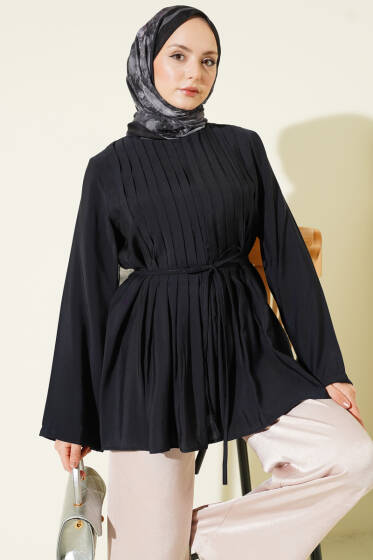 Önü Pileli İp Kuşaklı Tunik Lacivert - Tunik