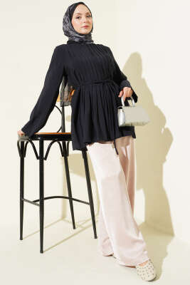 Önü Pileli İp Kuşaklı Tunik Lacivert - Tunik