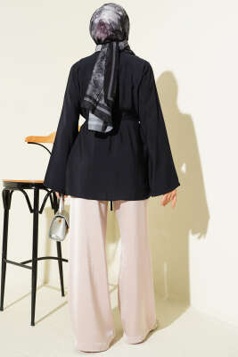 Önü Pileli İp Kuşaklı Tunik Lacivert - Tunik