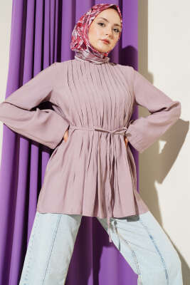 Önü Pileli İp Kuşaklı Tunik Lila - VAV TEKSTİL