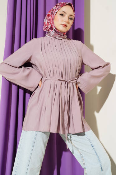 Önü Pileli İp Kuşaklı Tunik Lila - Tunik