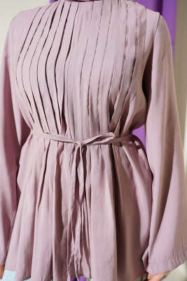 Önü Pileli İp Kuşaklı Tunik Lila - Tunik