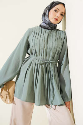 Önü Pileli İp Kuşaklı Tunik Mint - VAV TEKSTİL