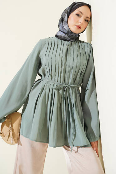 Önü Pileli İp Kuşaklı Tunik Mint - Tunik
