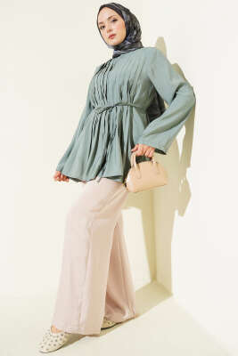 Önü Pileli İp Kuşaklı Tunik Mint - Tunik