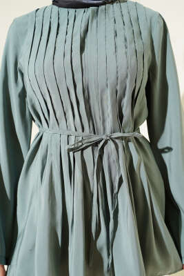 Önü Pileli İp Kuşaklı Tunik Mint - Tunik