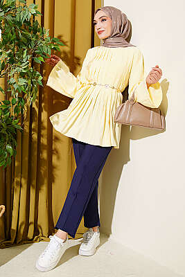 Önü Pileli İp Kuşaklı Tunik Sarı - Tunik