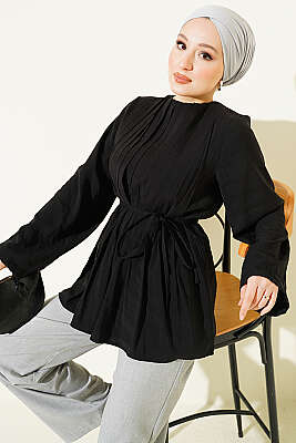 Önü Pileli İp Kuşaklı Tunik Siyah - VAV TEKSTİL