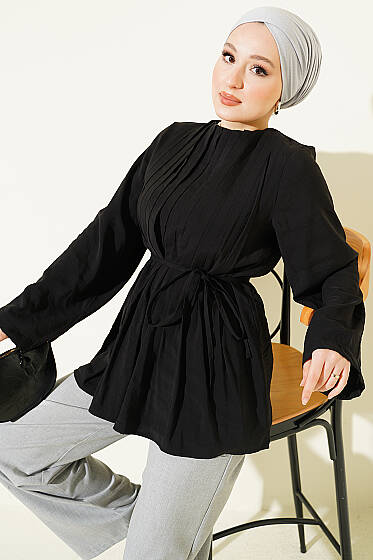 Önü Pileli İp Kuşaklı Tunik Siyah - Tunik