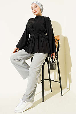 Önü Pileli İp Kuşaklı Tunik Siyah - Tunik