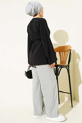 Önü Pileli İp Kuşaklı Tunik Siyah - Tunik