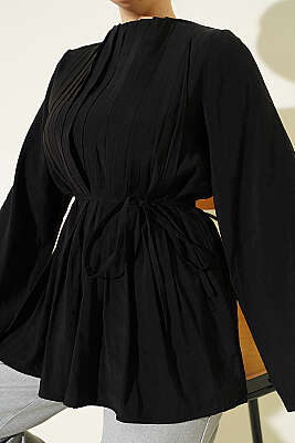 Önü Pileli İp Kuşaklı Tunik Siyah - Tunik