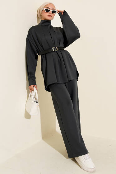 Önü Pileli Kemerli Scuba İkili Takım Füme - İkili Takım