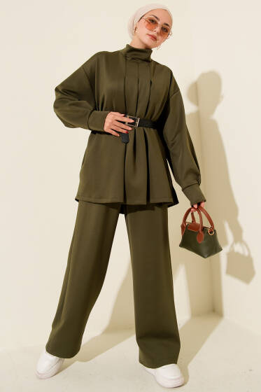 Önü Pileli Kemerli Scuba İkili Takım Haki - İkili Takım