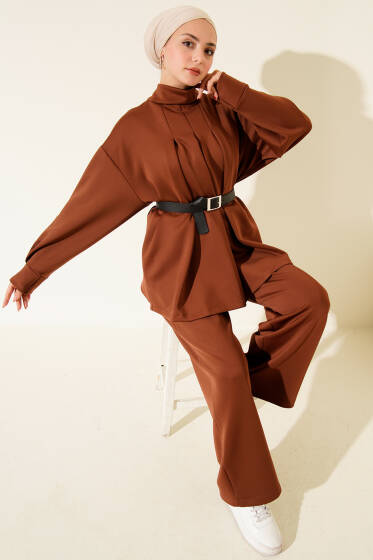 Önü Pileli Kemerli Scuba İkili Takım Kahve - İkili Takım