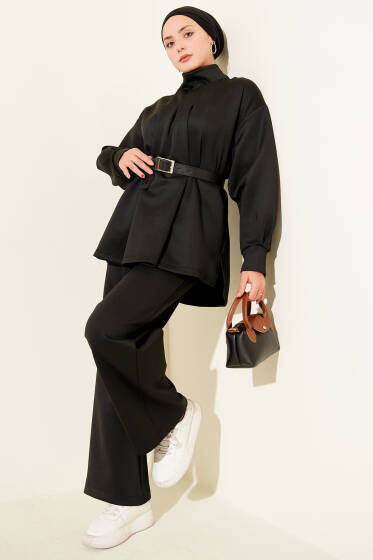 Önü Pileli Kemerli Scuba İkili Takım Siyah - İkili Takım