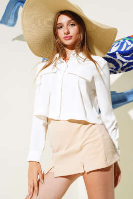 Önü Pileli Kısa Gömlek Ekru 