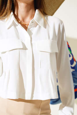 Önü Pileli Kısa Gömlek Ekru - Kadın Giyim Modelleri