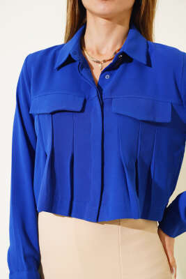 Önü Pileli Kısa Gömlek Saks - Kadın Giyim Modelleri