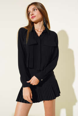 Önü Pileli Kısa Gömlek Siyah - Kadın Giyim Modelleri