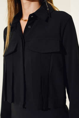 Önü Pileli Kısa Gömlek Siyah - Kadın Giyim Modelleri