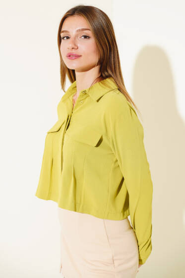 Önü Pileli Kısa Gömlek Yağ Yeşili - Yeni Giyim