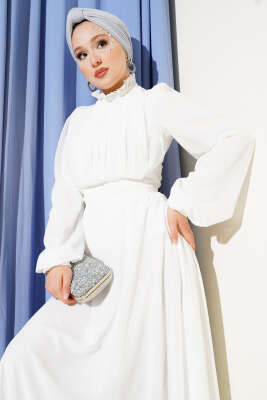 Önü Pileli Kuşaklı Şifon Abiye Elbise Beyaz - Tesettür Elbise