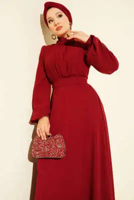 Önü Pileli Kuşaklı Şifon Abiye Elbise Bordo - Tesettür Elbise
