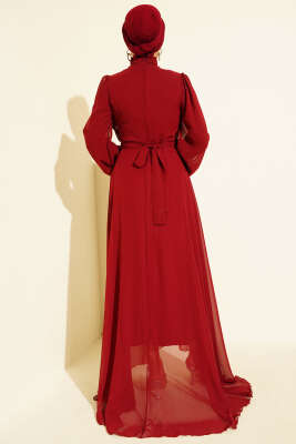Önü Pileli Kuşaklı Şifon Abiye Elbise Bordo - Tesettür Elbise